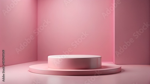 Empty round pink platform podium on pink background. Minimal creative composition background for cosmetics or products presentation © OlyaMk