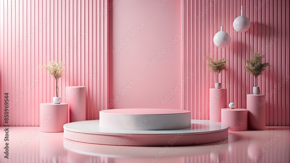 Empty round decorated pink platform podium on pink background. Minimal creative composition background for cosmetics or products presentation Empty round decorated pink platform podium on pink background. Minimal creative composition background for cosmetics or products presentation