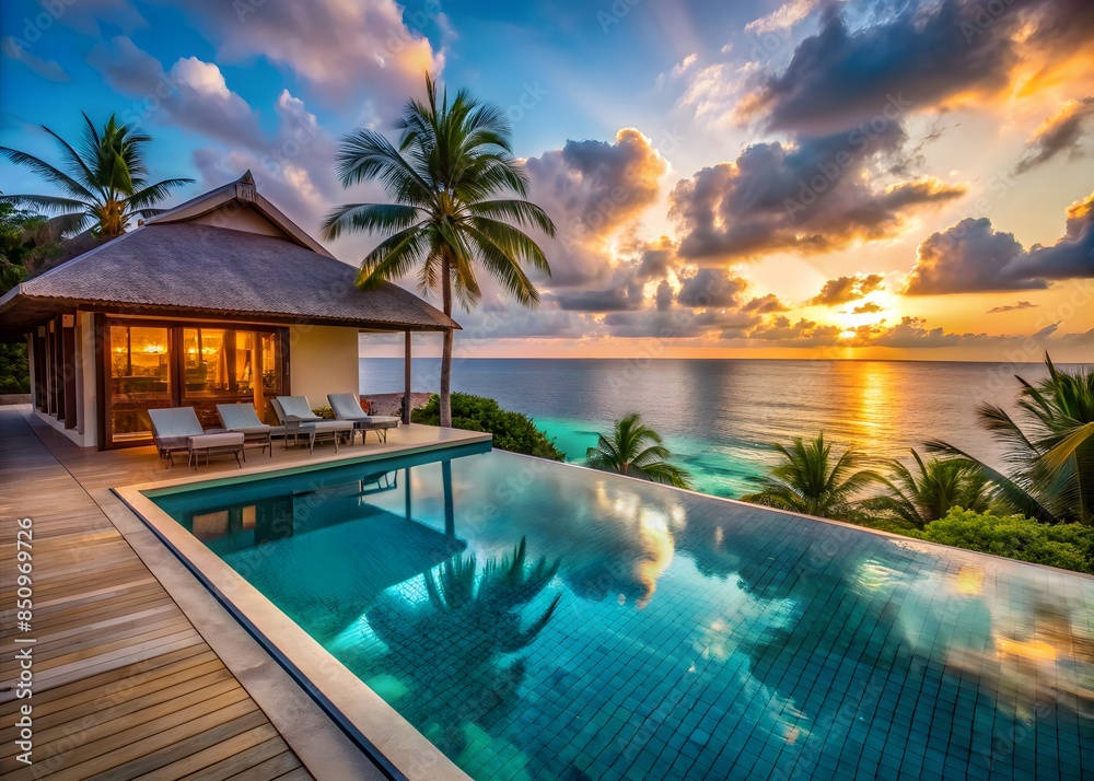 Amazing View Of A Luxury Villa With Pool And Palm Trees At Sunset. Amazing View Of A Luxury Villa With Pool And Palm Trees At Sunset.