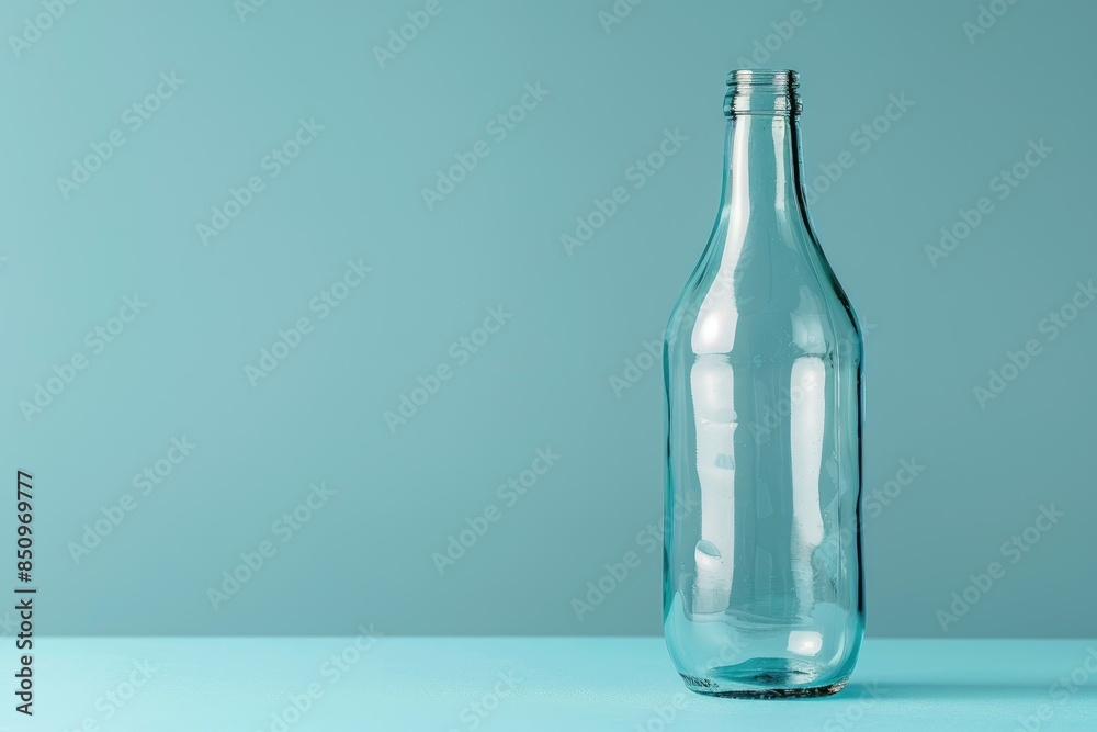 A glass bottle on blue background. Transparent empty bottle in minimalist style. Place for text and logo. A glass bottle on blue background. Transparent empty bottle in minimalist style. Place for text and logo.