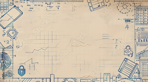 Architectural Blueprint Inspired Doodle Border Design with Blank Mockup Area Showcasing Technical Diagrams and Cybersecurity Icons photo