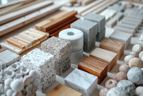 Samples of building materials. View from above. Samples of wood, stone, tiles. Building materials. Brick