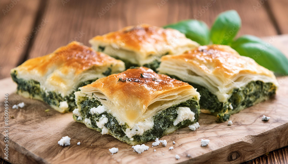 Greek spinach and feta cheese pie. Tasty spanakopita on wooden board. Delicious homemade food Greek spinach and feta cheese pie. Tasty spanakopita on wooden board. Delicious homemade food