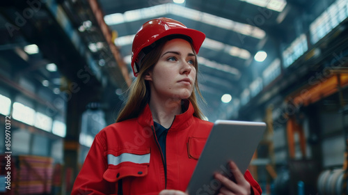 A woman wearing a red jacket and a hard hat is holding a tablet © Formoney