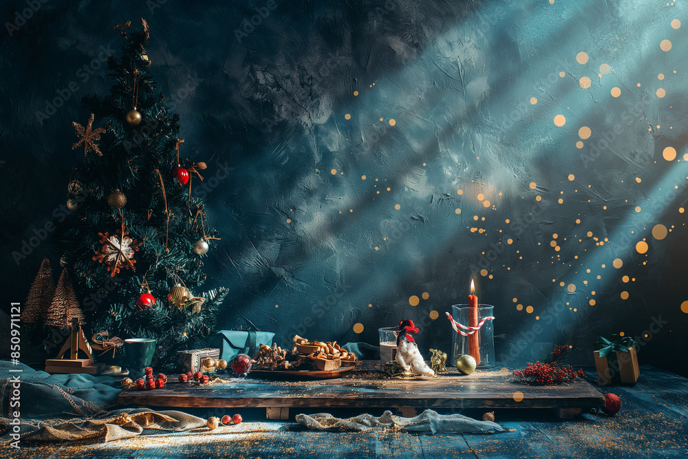 Obraz premium hristmas festive table, and with wooden toys, gifts, confetti, toys, christmas light, magic [mana] potion, very bright light from inside, fantasy art