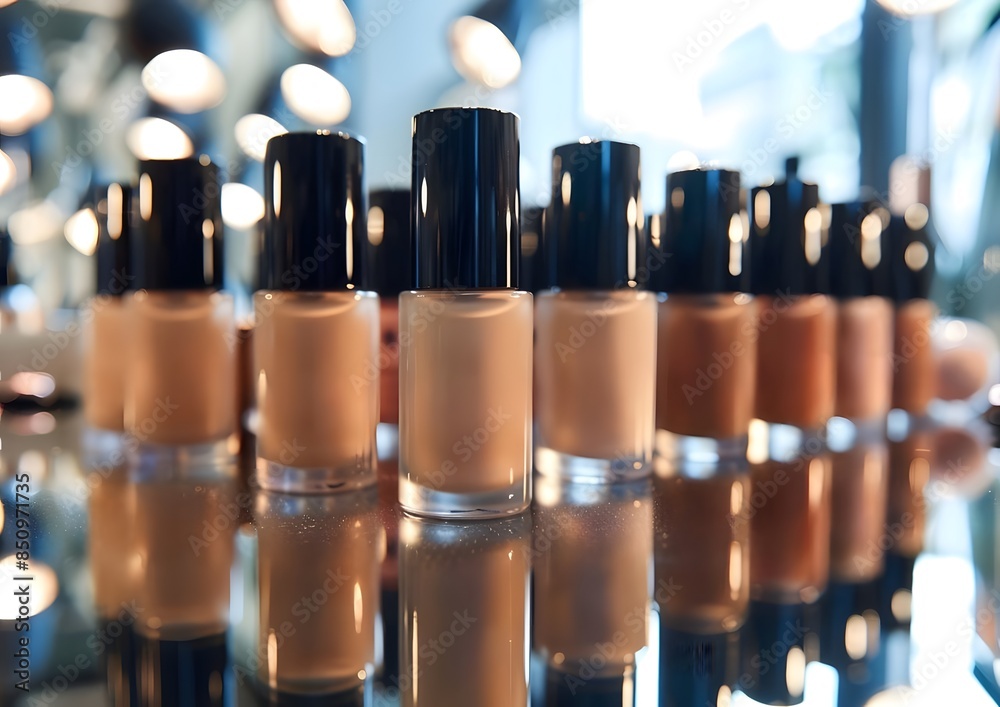 Photoshoot of a series of high end foundation cream bottles arranged on a smooth mirrored surface with reflection. Photoshoot of a series of high end foundation cream bottles arranged on a smooth mirrored surface with reflection.