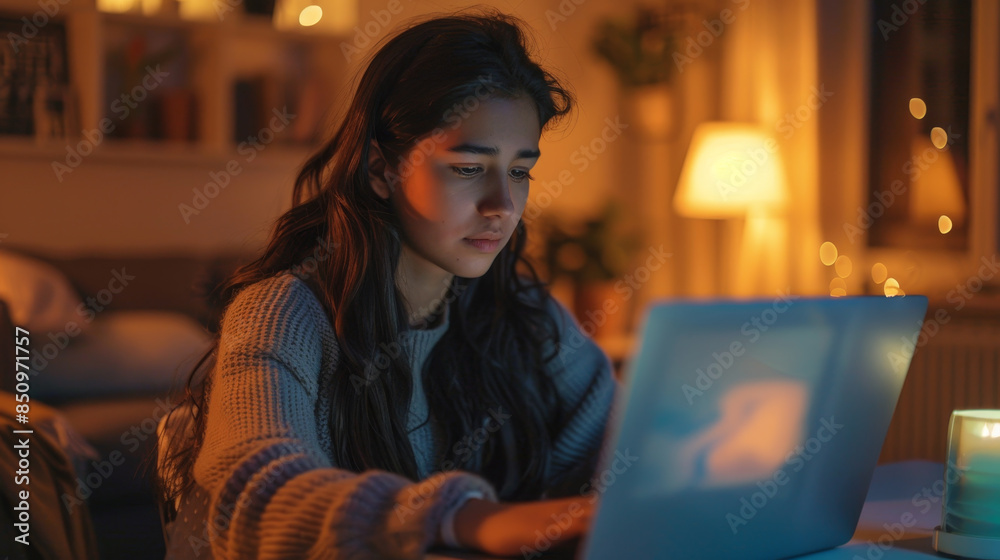A woman is sitting at a table with a laptop in front of her A woman is sitting at a table with a laptop in front of her