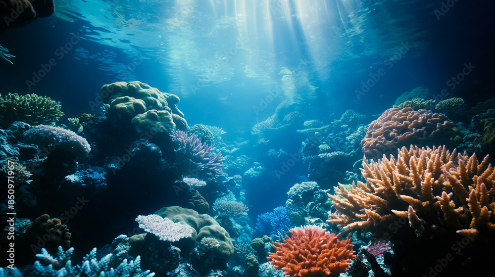 Fototapeta premium Wide angle view of a lush underwater coral reef ecosystem filled with various marine life