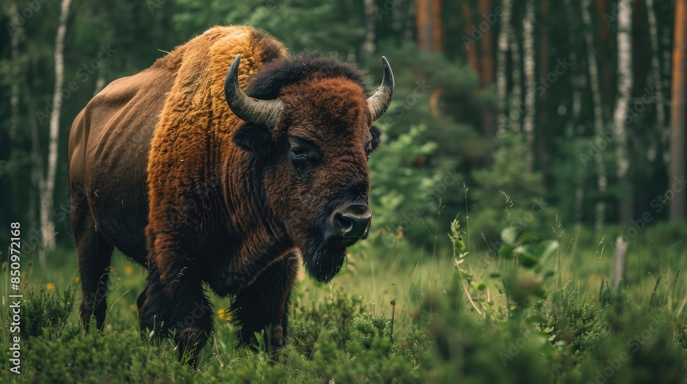 Fototapeta premium Large male European bison also referred to as wisent or European wood bison in their natural habitat