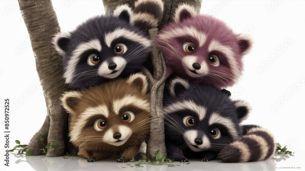 Naklejka premium A group of raccoons are sitting on top of a tree, AI