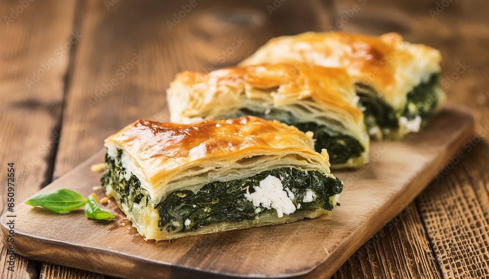 Greek spinach and feta cheese pie. Tasty spanakopita on wooden board. Delicious homemade food Greek spinach and feta cheese pie. Tasty spanakopita on wooden board. Delicious homemade food