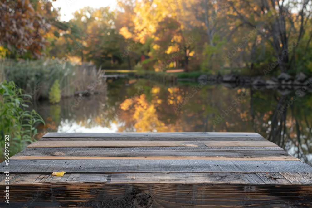 A wooden table with a view of a lake A wooden table with a view of a lake