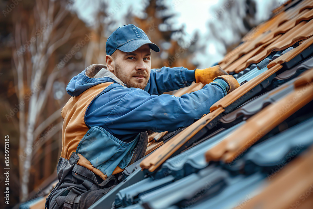 Roofer in uniform installing clay roof tiles, roofing work Roofer in uniform installing clay roof tiles, roofing work