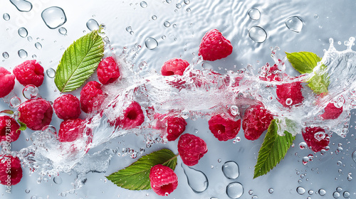 Raspberry with leaves and splashes of water on a monochrome background