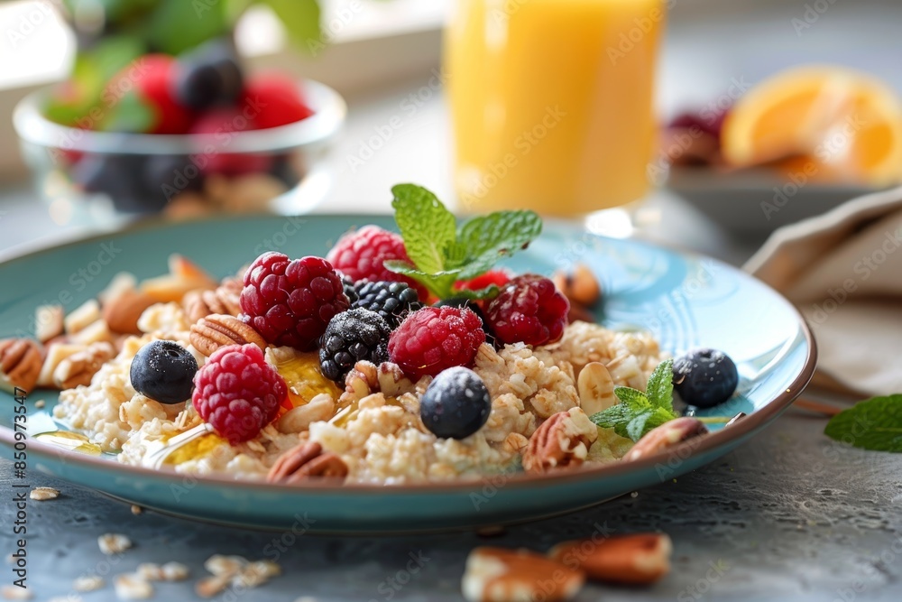 Healthy Breakfast with Fresh Berries, Nuts, and Honey on Oatmeal in Modern Kitchen Setting Healthy Breakfast with Fresh Berries, Nuts, and Honey on Oatmeal in Modern Kitchen Setting
