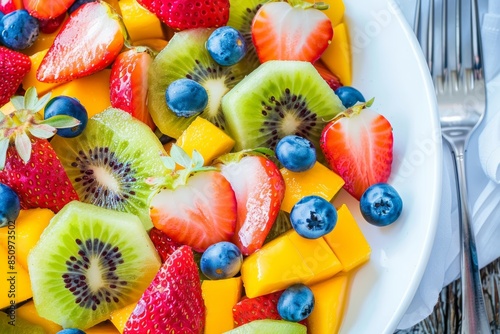 Colorful Summer Fruit Salad with Kiwi, Mango, Strawberries, and Blueberries in White Bowl