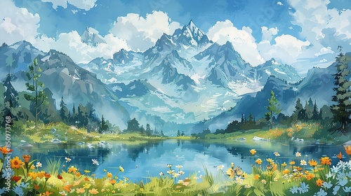  A picturesque scene of a mountain range with a serene lake in the foreground, surrounded by vibrant wildflowers