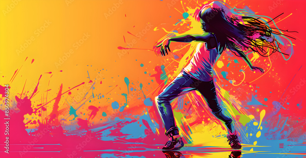 A woman is dancing in a colorful background with splatters of paint A woman is dancing in a colorful background with splatters of paint