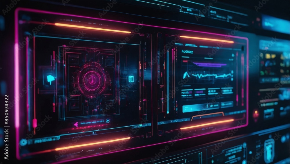 AI-powered smart home hub with glowing neon interface and futuristic design, 3D render style, vibrant neon colors, high detail, realistic lighting AI-powered smart home hub with glowing neon interface and futuristic design, 3D render style, vibrant neon colors, high detail, realistic lighting