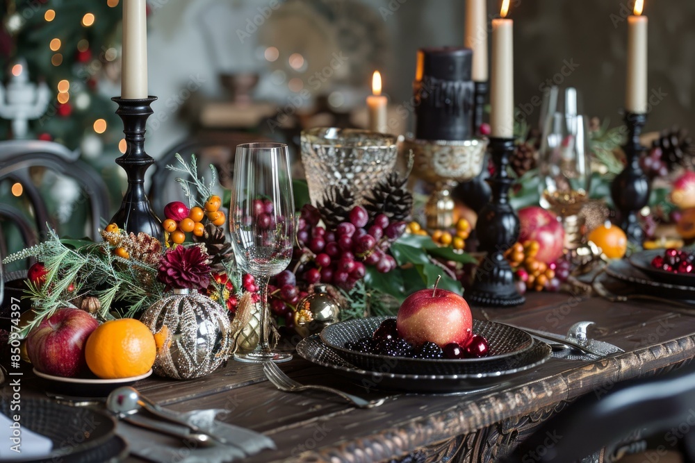 Elegant christmas table adorned with fruit, candles, and sparkling decor