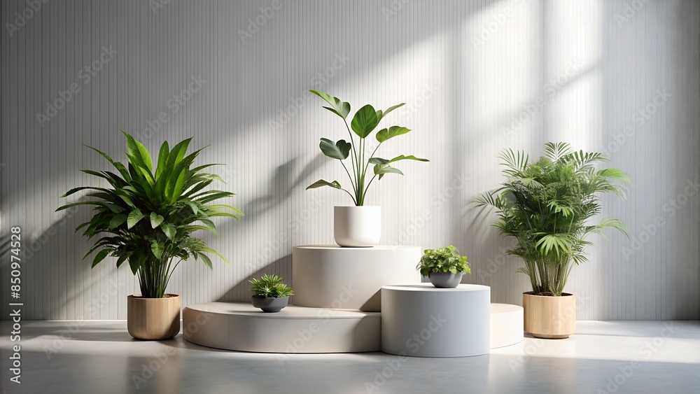 podium for product presentation. Wooden and white marble surface. Photo studio, minimal and modern. Green plant and leaves on the side of the image. podium for product presentation. Wooden and white marble surface. Photo studio, minimal and modern. Green plant and leaves on the side of the image.