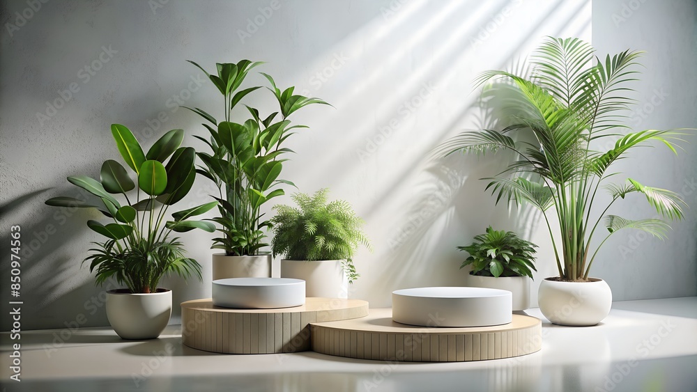podium for product presentation. Wooden and white marble surface. Photo studio, minimal and modern. Green plant and leaves on the side of the image. podium for product presentation. Wooden and white marble surface. Photo studio, minimal and modern. Green plant and leaves on the side of the image.