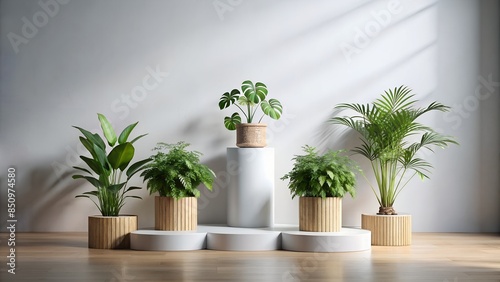 podium for product presentation. Wooden and white marble surface. Photo studio, minimal and modern. Green plant and leaves on the side of the image.