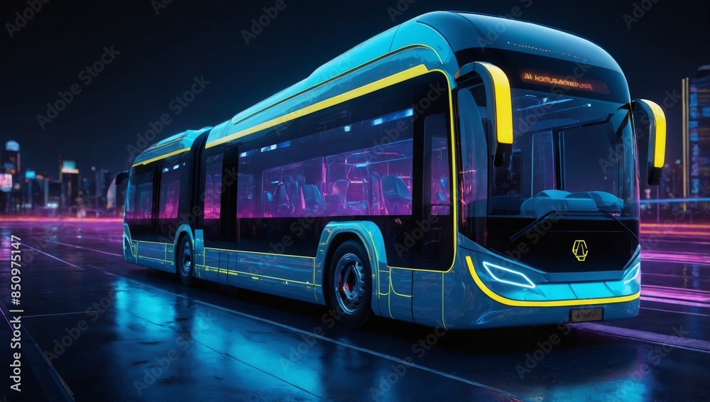 Futuristic AI autonomous bus with neon-lit control panels and holographic displays, 3D render style, vibrant neon yellow and blue colors, high detail, realistic lighting Futuristic AI autonomous bus with neon-lit control panels and holographic displays, 3D render style, vibrant neon yellow and blue colors, high detail, realistic lighting