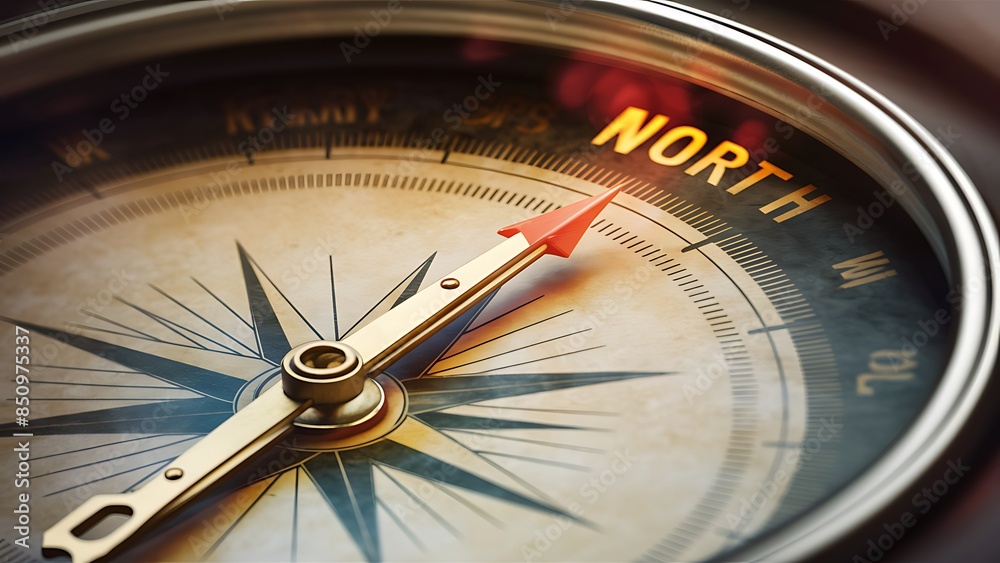 Compass needle glowing pointing north with wear on compass face and blurred outer edges
Compass needle glowing pointing north with wear on compass face and blurred outer edges