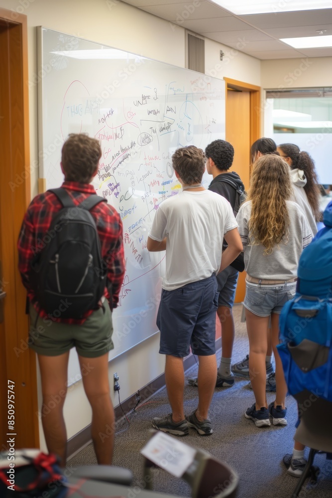 Fototapeta premium Collaborative Student Brainstorming Session in Study Room Solving Complex Problems on a Whiteboard
