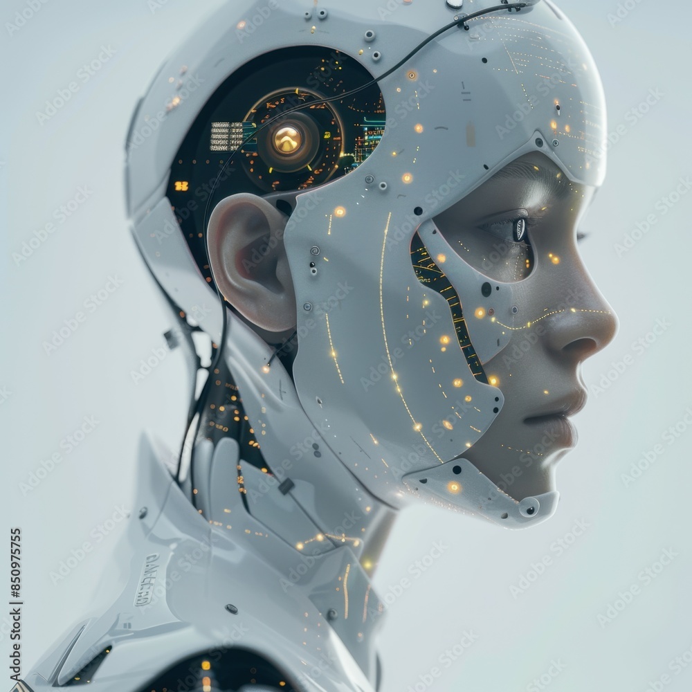 Fototapeta premium Humanoid Robot with Intricate Circuitry and Glowing Lights: Futuristic AI, Robotics, Cybernetics, Technological Marvel, Advanced Engineering, Artificial Intelligence, Innovation, Modern Design