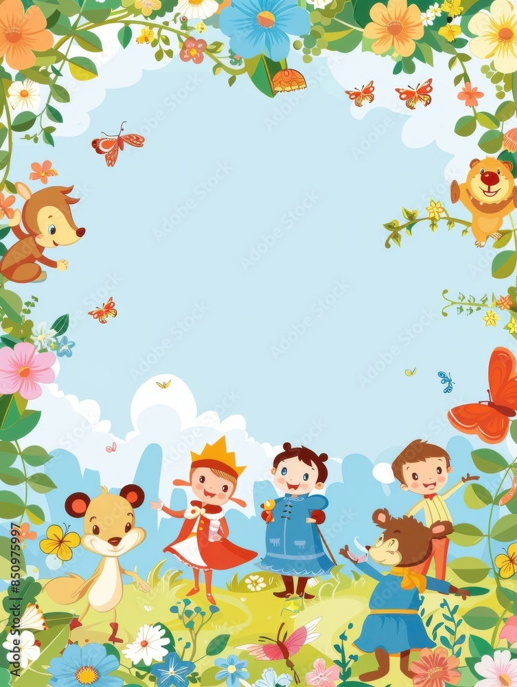 Border design with characters from children's cartoons and fairy tales, isolated on a light blue background Border design with characters from children's cartoons and fairy tales, isolated on a light blue background