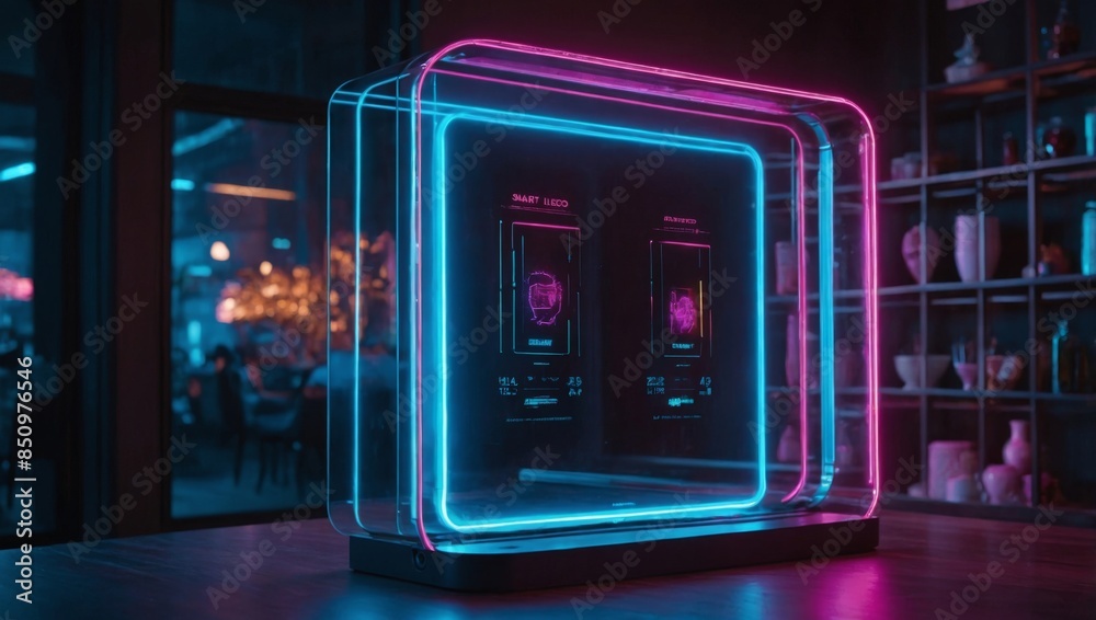 Futuristic AI-powered smart mirror with neon-lit touch controls and holographic display, dynamic style, vibrant neon pink and blue colors, high detail, cinematic lighting Futuristic AI-powered smart mirror with neon-lit touch controls and holographic display, dynamic style, vibrant neon pink and blue colors, high detail, cinematic lighting