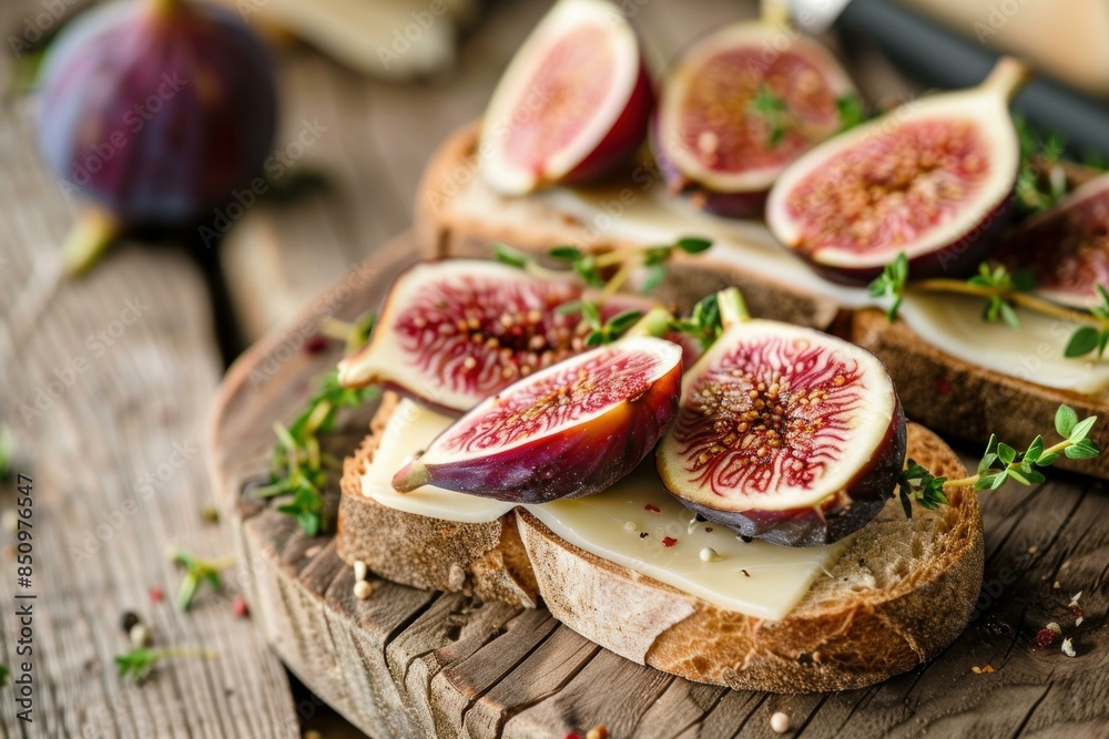 Artisanal crostini topped with cheese and fresh fig slices, garnished with herbs on rustic wood Artisanal crostini topped with cheese and fresh fig slices, garnished with herbs on rustic wood