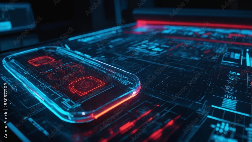 Futuristic AI-controlled medical scanner with neon-lit touch controls and holographic display, dynamic style, vibrant neon blue and red colors, high detail, cinematic lighting. Futuristic AI-controlled medical scanner with neon-lit touch controls and holographic display, dynamic style, vibrant neon blue and red colors, high detail, cinematic lighting.