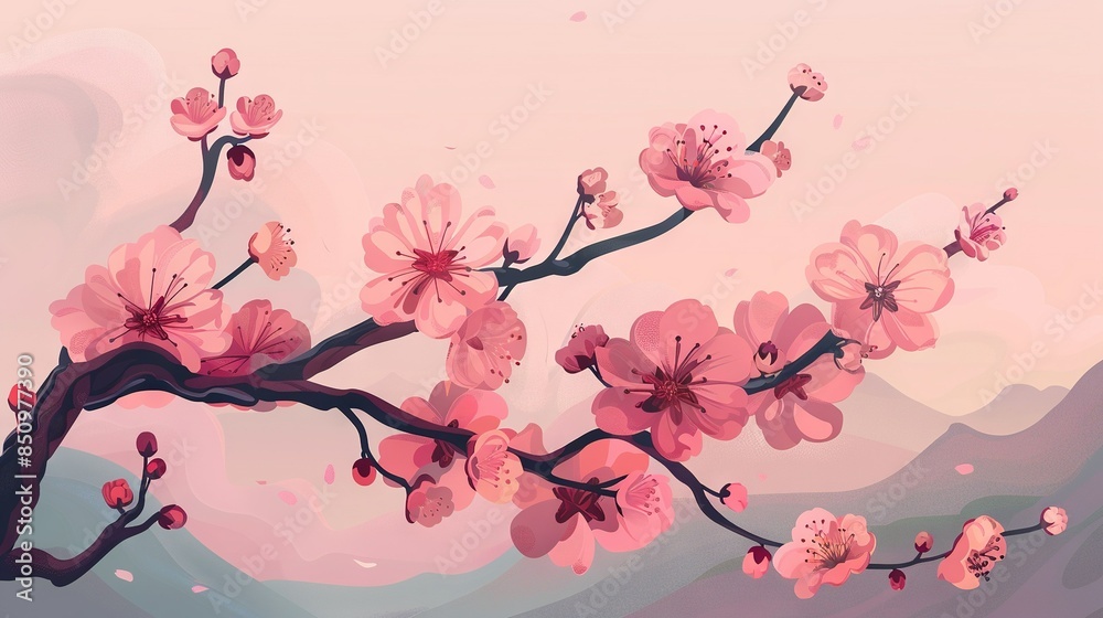Fototapeta premium A painting depicts pink flowers on a branch against a pink sky in the background, while another pink sky is visible in the foreground