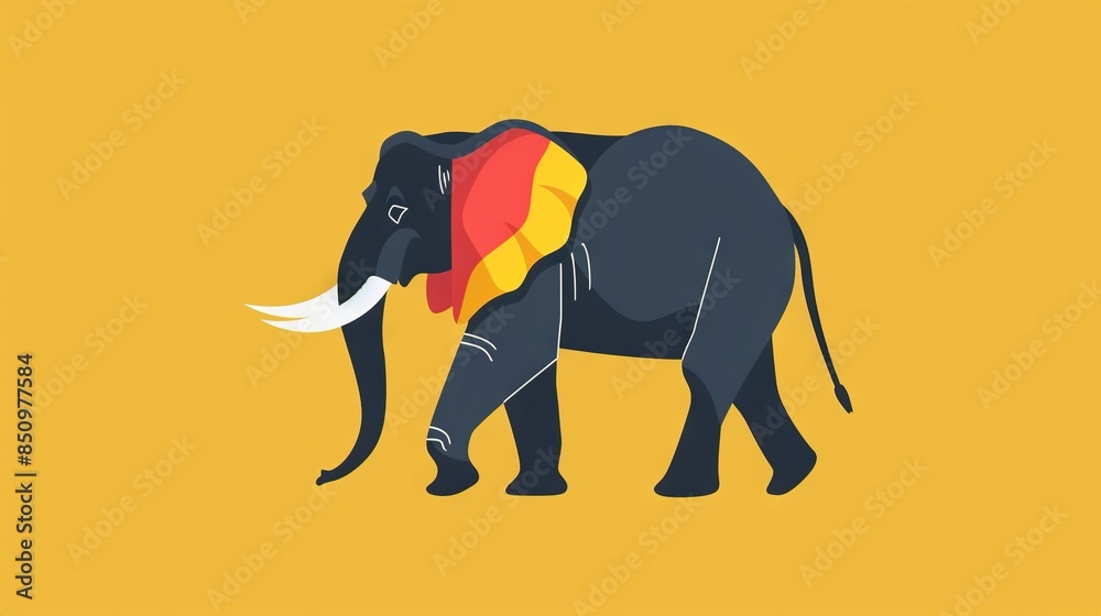 Obraz premium Black elephant with colorful scarf on back against yellow background
