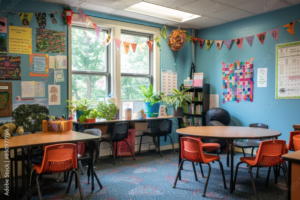 Fototapeta premium Cozy Classroom for a Parent-Teacher Conference with Colorful Decor and Student Artwork