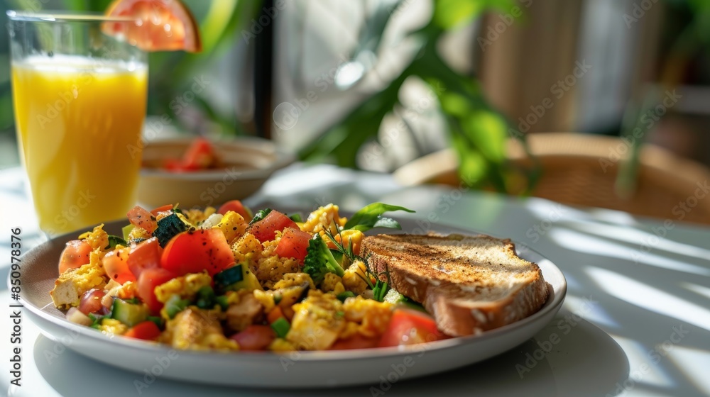 Healthy Breakfast with Scrambled Tofu, Sautéed Vegetables, Whole Grain Toast, and Fresh Grapefruit Juice Healthy Breakfast with Scrambled Tofu, Sautéed Vegetables, Whole Grain Toast, and Fresh Grapefruit Juice