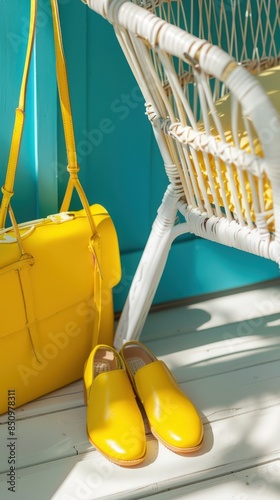 a pair yellow shoes and a purse on a white chair photo