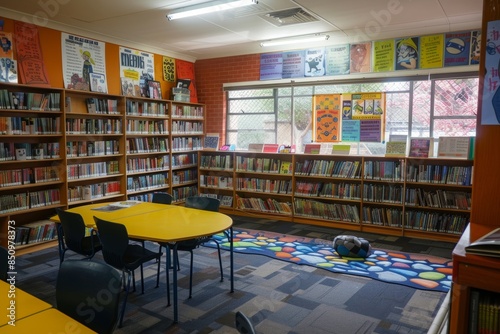 School Library Decorated for Reading Challenge with Colorful Banners and Tracking Charts © spyrakot