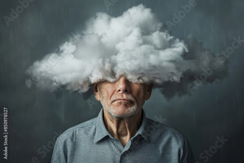 Senior Man with Cloud Covering Face Depicting Mental Health Concept 