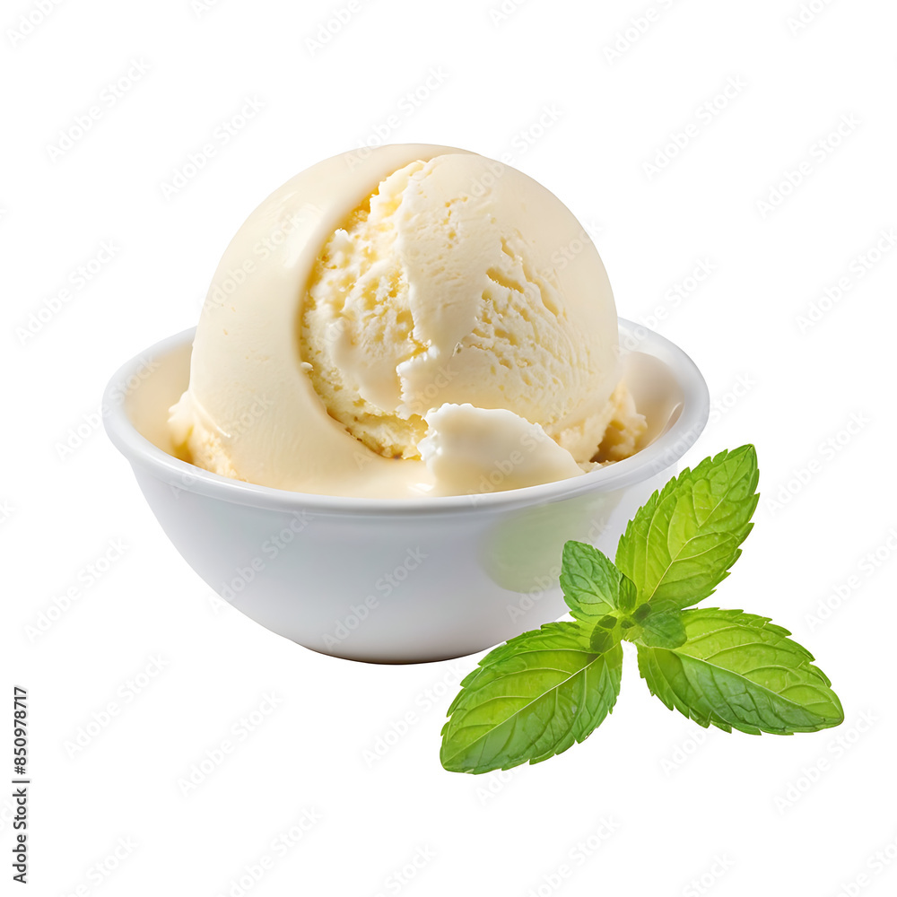 A single scoop of creamy vanilla ice cream in a white bowl, garnished with fresh mint leaves. Perfect for showcasing summer desserts, recipe blogs, or promoting dairy products. Ideal for food-related A single scoop of creamy vanilla ice cream in a white bowl, garnished with fresh mint leaves. Perfect for showcasing summer desserts, recipe blogs, or promoting dairy products. Ideal for food-related