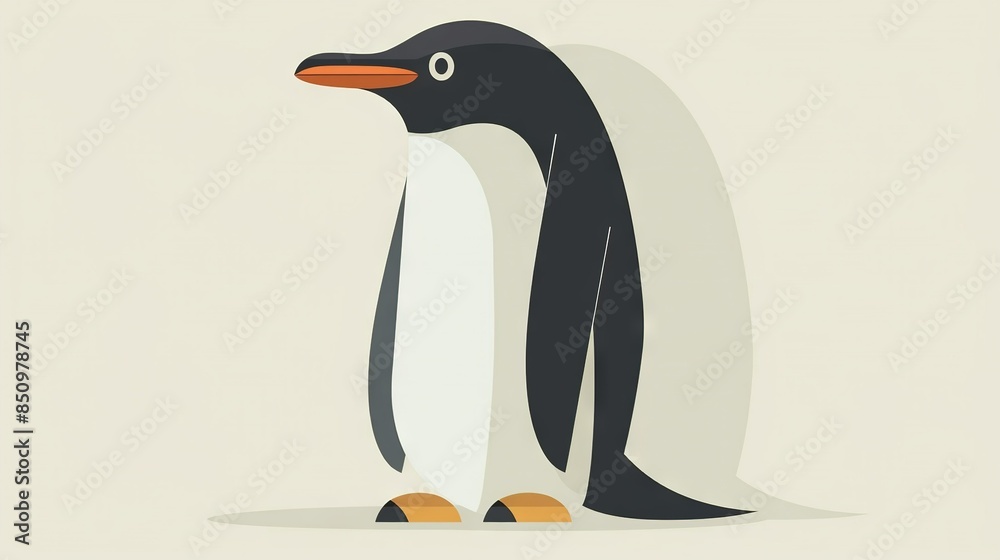 Fototapeta premium A penguin with an orange beak stands on a white background and has a black-and-white beak