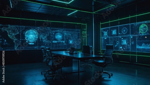 Advanced AI perimeter security system with neon-lit sensors and holographic interface, dynamic style, vibrant neon green and blue colors, highly detailed, cinematic lighting
