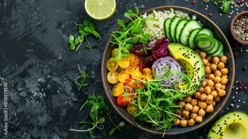 Vegetarian dinner. Vegetables, rice, micro greens, avocado bowl with chickpeas. Top View. Copy Space photo