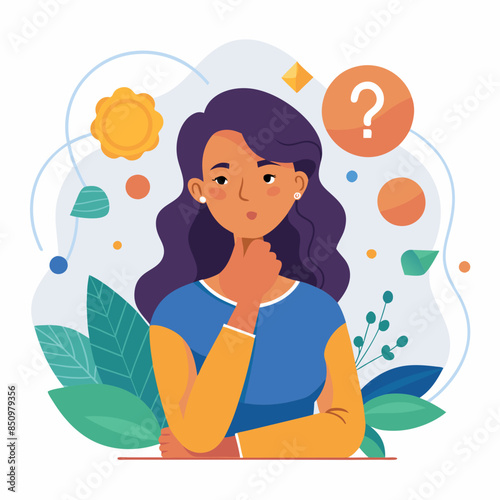 Young woman cartoon character Confused thinking about problem solution hand on chin. Unhappy woman in puzzled expression