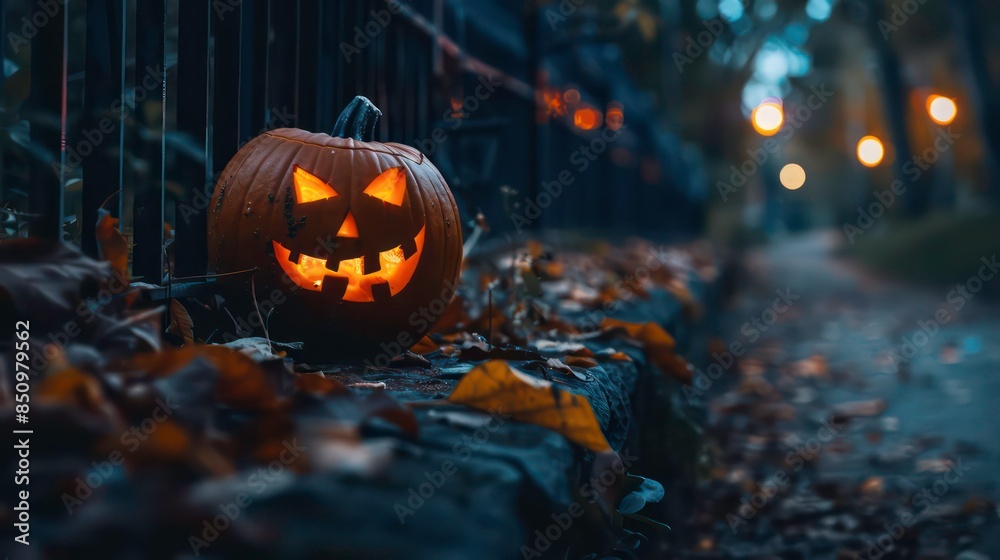 Fototapeta premium Jack O' Lantern glowing in smoky fantasy night. Halloween background.