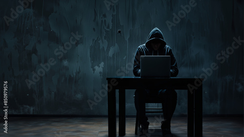 Dangerous Hooded Hacker sitting in the dark room with Copyspace, Cybersecurity
