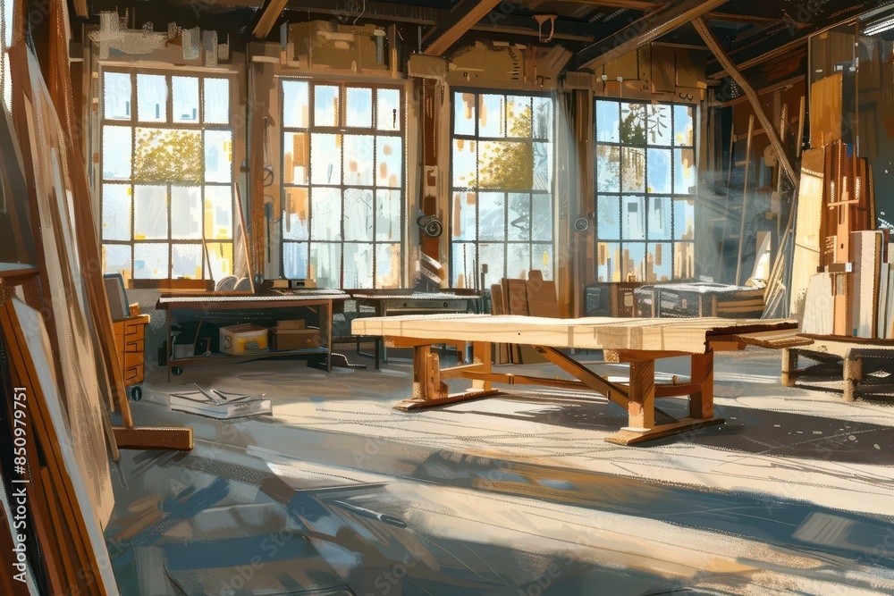 rhythmic wooden beams dance in sunlit carpentry shop capturing artisanal craftsmanship digital painting rhythmic wooden beams dance in sunlit carpentry shop capturing artisanal craftsmanship digital painting